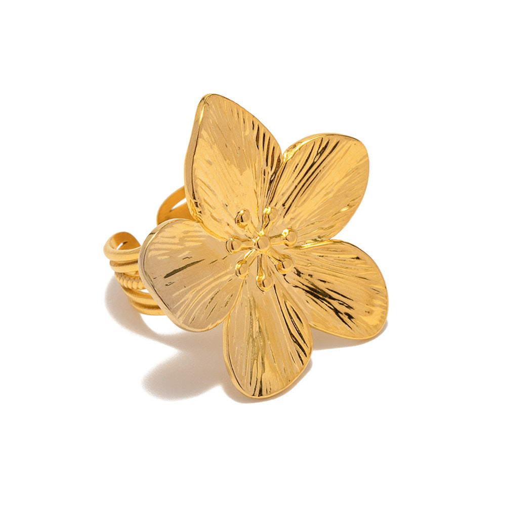 Anillo Flor Estilo Corte Francés – Acero Inoxidable Dorado Mate