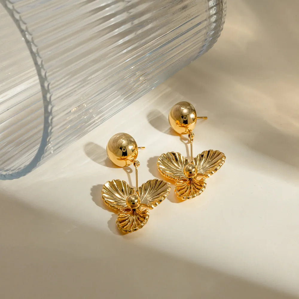 Pendientes Colgantes Flor en Acero Inoxidable con Baño de Oro 18K