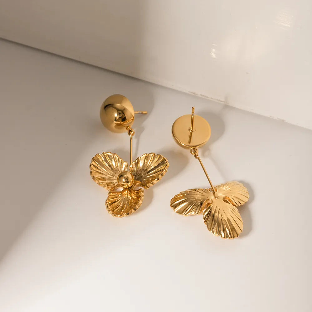 Pendientes Colgantes Flor en Acero Inoxidable con Baño de Oro 18K