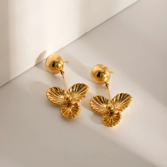 Pendientes Colgantes Flor en Acero Inoxidable con Baño de Oro 18K